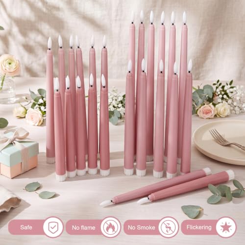 Image of Rossesay 24 Pcs Flameless LED Taper Candles Battery Operated Candle 8.5 inch, 9.65 inch, 10.8 inch, 12.8 inch Flameless Candlesticks Flickering for Christmas Church Wedding Indoor Decoration(Classic, Pink Tones)