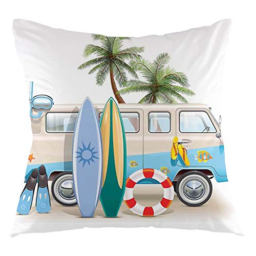 GULTMEE Decorative Square Throw Pillow Cover Cushion Covers Pillowcase,Surfing Weekend Concept with Diving Elements Fins Snorkeling and Van Trip Relax Peace,22x22Inch/55x55cm,Multicolor