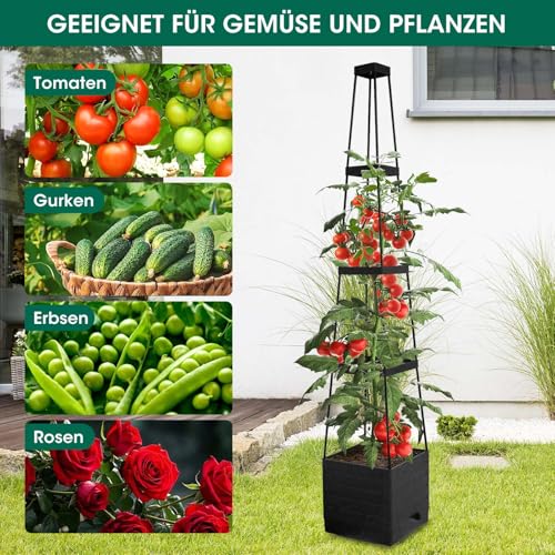 MYMULIKE 4 Stück Tomatentopf mit Rankhilfe, 145 cm Selbstbewässerung Tomaten Rankhilfe, Tomatenturm mit Wasserspeicher, Pflanzkübel Pflanzenstütze für kletternde Pflanzen/Blumen