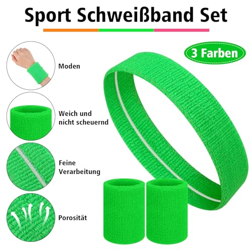 taonganui 9 Stück 80s Sportstirnband mit Armband Schweißband Set Neon 3 Farben Vintage Mottoparty Sport Schweißbänder Baumwolle Saugfähige für 80er Jahre Thema Party Fasching & Karneval