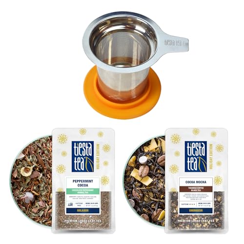 Image of Tiesta Tea - Hot Cocoa Loose Leaf Tea Gift Set, High to Non-Caffeinated, Stainless Steel Brew Basket & 2 Resealable Pouches, Cocoa Mocha & Peppermint Holiday Blends