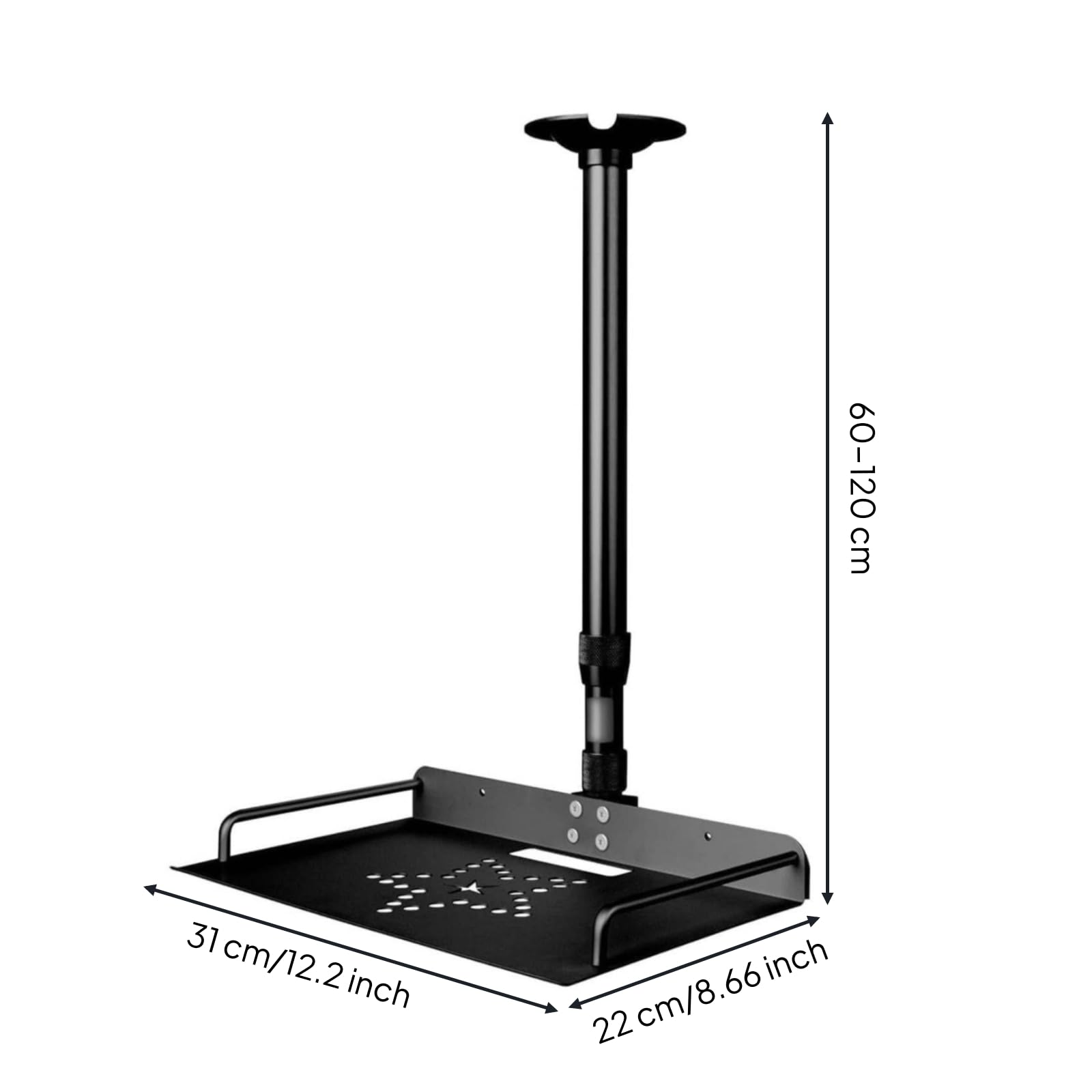 Harilla Staffa da Soffitto Supporto Proiettore Staffa Regolabile Mensola Metallo Vassoio Antiscivolo per Risparmio Spazio Piantone Telescopico con Serraggio, 60-120cm