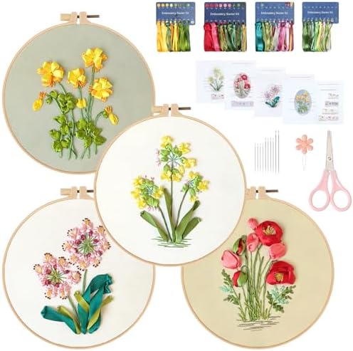 LOMOHOO 4 Sets Ribbon Flower Embroidery Kit for Beginners, Needlepoint Stamped Cross Stitch Starter Kits, Stitch Learning DIY Kit with Flower Pattern, Thread, Hoops, Colorful Ribbons (Ribbon Flower)