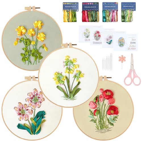 4 Sets Ribbon Flower Embroidery Kit for…