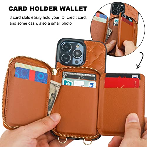 Bocasal Crossbody Wallet Case for iPhone 14 Pro Max, RFID Blocking PU Leather Zipper Handbag Purse Flip Cover, Kickstand Folio Case with Card Slots Holder Wrist Strap Lanyard 5G 6.7 Inch (Brown)