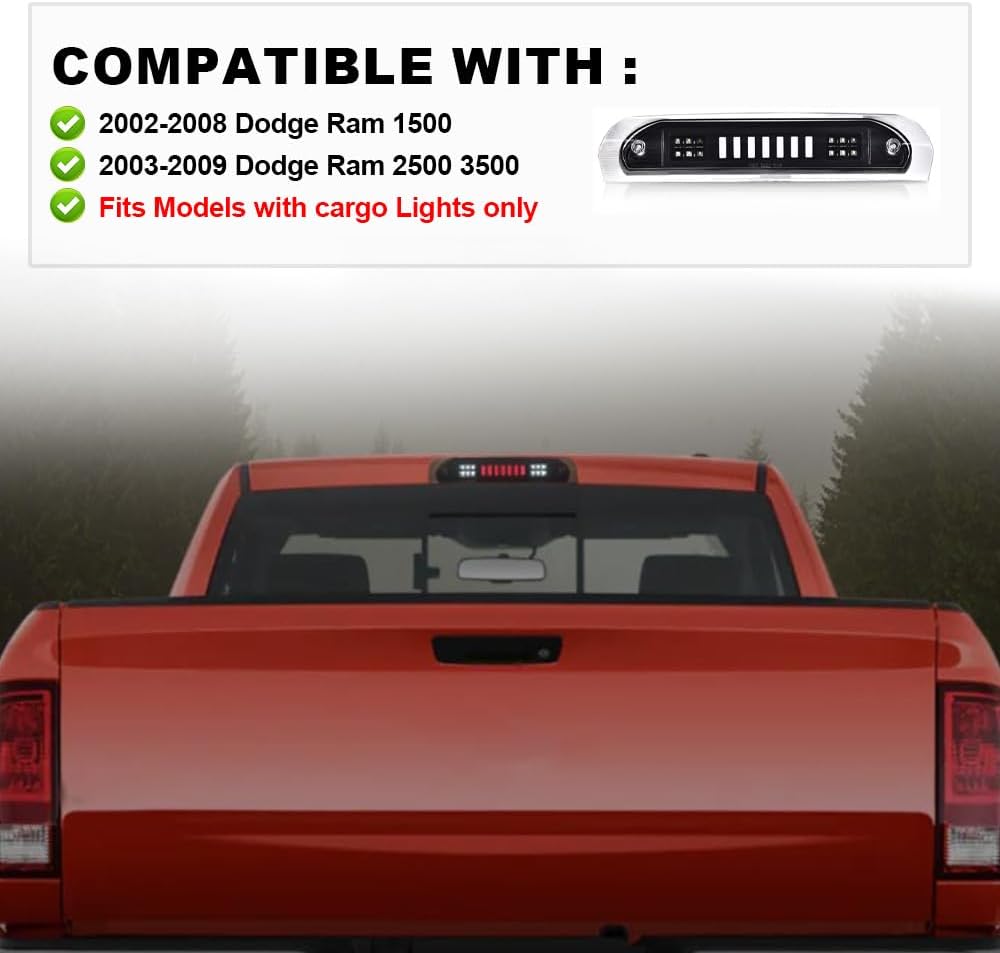 PIT66 LED 3rd Brake Light, Compatible with 2002-2008 Dodge Ram 1500/2003-2009 Dodge Ram 2500 3500 LED Third Brake Light Cargo Black Housing Clear Lens