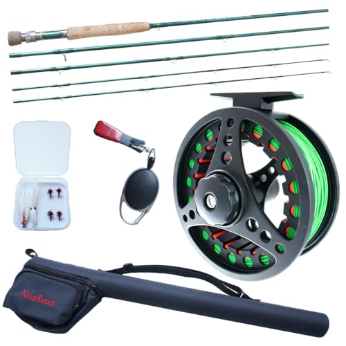 KingKatch Fly Fishing Rod Combo, 4 Piece Portable 8WT Fly Rod with Extra Spare Tip, Pre-Loaded Fly Reel and Fly Line with Flies, Complete Starter Kit for Trout, Bass and Freshwater Fishing
