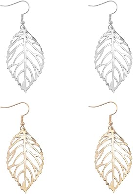 2 Pairs Elegant Simulation Hollow Gold Silver Leaf Dangle Drop Earrings Bohemian Vintage Minimalist Hypoallergenic Jewelry Gift