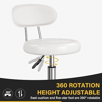 WKWKER Rolling Stool with Wheels Swivel Stool with Back Height Adjustable Chair PU Leather Ideal for SPA Salon Home Office Drafting Work (WHITE)