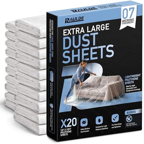 12x10FT 20 Pack Extra Large Plastic Dust Sheets for Decorating - 3.6M x 3M- Plastic Dust Sheets for Painting - Clear Plastic Sheet for Furniture & Floor - Polythene Sheeting - Decorating Sheet -RAULDE