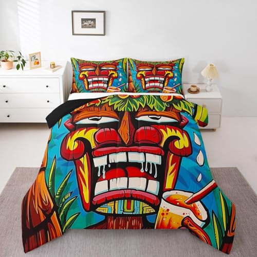 Erosebridal Tiki Bar Bedding Set Abstract Tiki Warrior Design Comforter Set Tropical Hawaii Theme Bedding Comforter Sets Colorful Totem Culture Quilt Duvet Full Size for Kids Boys Girls