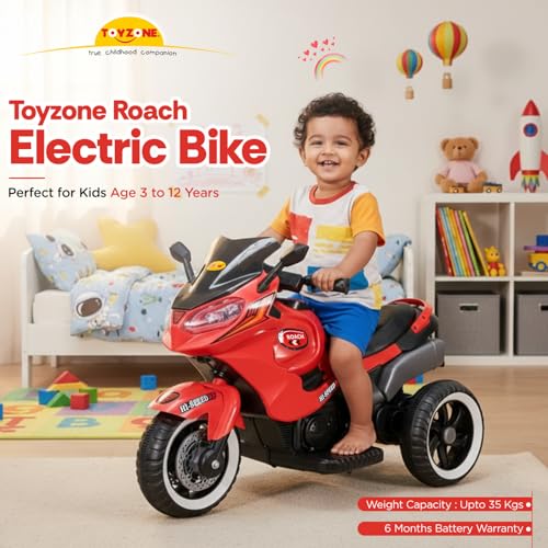 Image of Toyzone Impex Pvt Ltd Roach Ev M Bike Red | Rechargeable Bike 6V | Powered by 6.5 Ah Battery | Music Player with Bluetoooth & USB | 6 Month Battery Warranty | Make in India | for Kids 2+ Years
