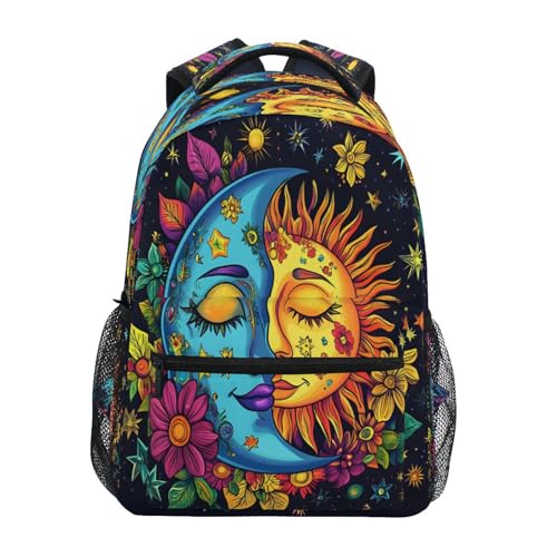 Colorful Moon Sun Flower Backpack for School Boys Girls Adults Kids Bookbag Laptop Bag 15L