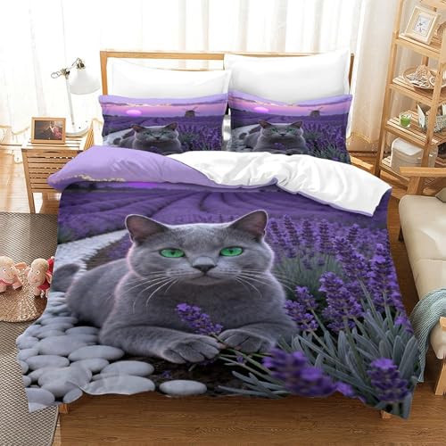 Juego De Ropa De Cama con Motivo Gato Británico de Pelo Corto En 3D Funda Nordica Jardín de Lavanda Microfibra con Cremallera Y Funda Almohada para Niños Y Niñas Single（140x200cm）