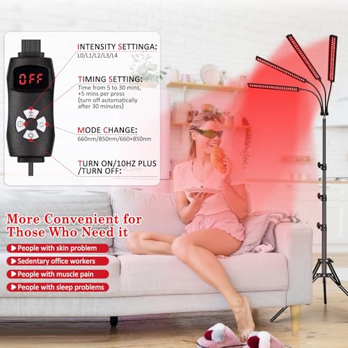 Image of Red Light Therapy Lamp with 4 Heads, 3 in 1 Infrared Light Therapy Device, Adjustable Stand, 660nm Red Light and 850nm Near Infrared Light for Face, Body,