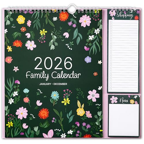 Calendario familiar 2026, calendario 2026 de enero de 2026 a diciembre de 2026, con diseño de 5 columnas, listas de la compra y bloc de notas, vacaciones, 32 x 29,5 cm, hermosas flores