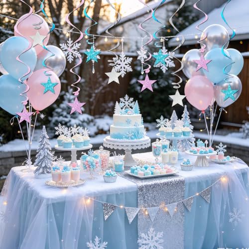 Image of BEISHIDA Blue Glitter Stars Hanging Swirls Pre-Strung Stars Hanging Decorations for Baby Shower Gender Reveal Birthday Party Decorations Supplies,Pack of 15
