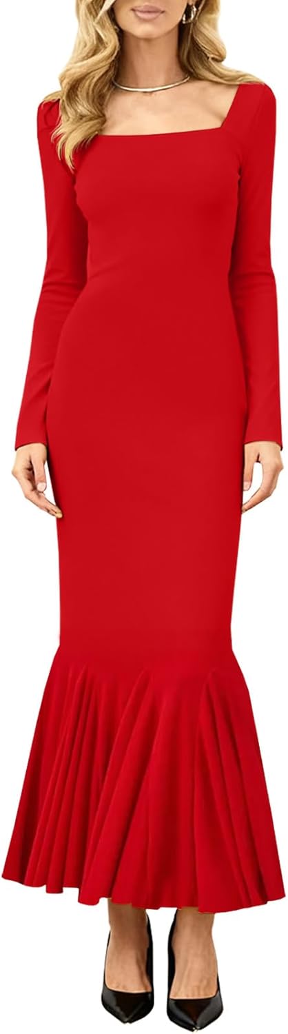 Women's Basic Sexy Long Sleeve Bodycon Maxi Dress Square Neck Casual Ribbed Party L...