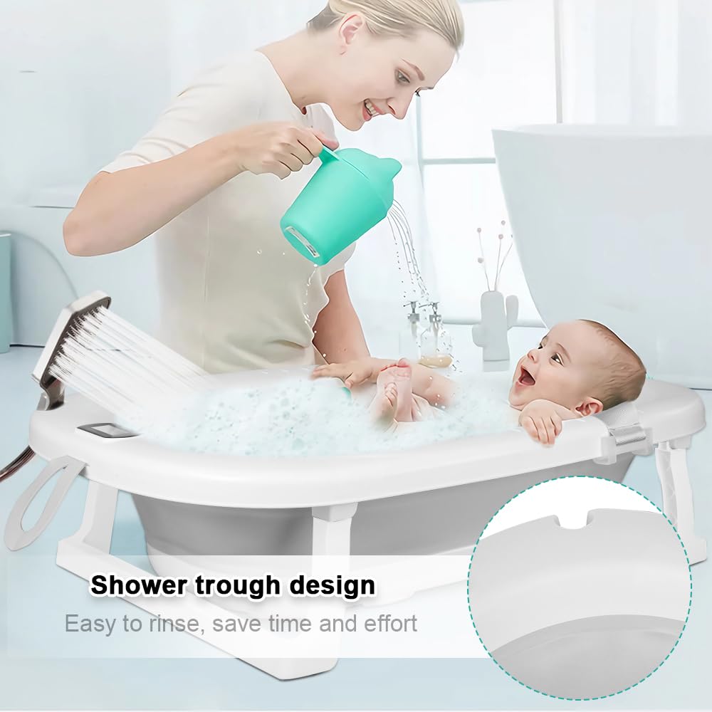 Baignoire Bebe Pliable avec Thermometre Digital, Coussin, Prise Pommeau de Douche, Gris 80x50x23cm 0-24 Mois