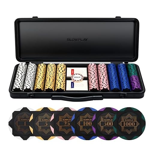 SLOWPLAY Nash Pokerset, mit 500 Nummerierte Poker Chips | Profi pokerchips aus Ton 14g | inkl. großer pokerkoffer hochwertigen, Plastik Pokerkarten, Dealer Button