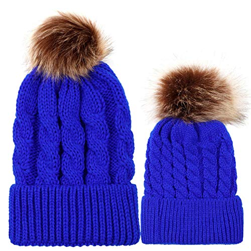 DCUTERQ 2 pcs Parent-Enfant Chapeau d'hiver Chaud Crochet Tricot Famille Mère Et bébé Beanie Ski Cap avec Pom Pom 01-Bleu Royal Cover