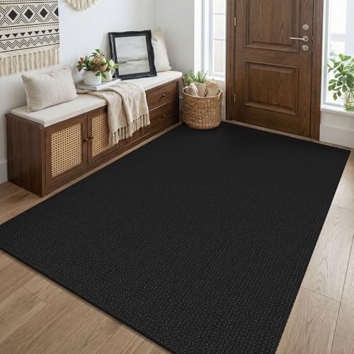 KOZYFLY Black Washable 4x5 Entry Woven Area Rug, Braided Throw Rugs for Entryway, Non Slip Door Mat Indoor Entrance, Flatweave Carpet for Foyer, Bedroom, Dining, Office, Black/Dark Grey