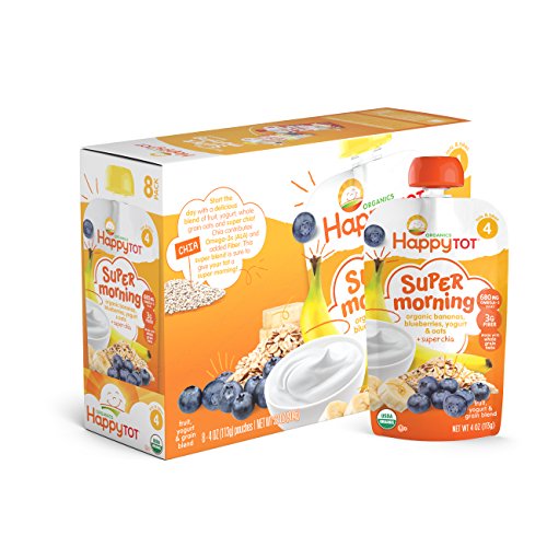 Happy Tot Organic Stage 4 Super Morning Bananas Blueberries Yogurt & Oats + Super Chia, 4 Ounce Pouch (Pack of 8) Baby/Toddler Food Breakfast Pouch, Yogurt Fruit & Oats