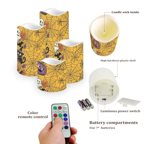 Image of Spider Web Flameless Battery Operated Lamp with Remote | LED Flickering Battery Operated Color Changing Electric Pillar Candles for Living Room Halloween Home Decor, 4 Pack