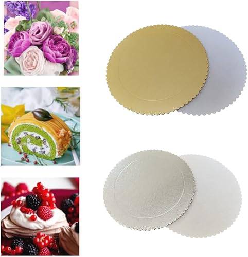Miniatura 6 de Jilukibo Tableros redondos desechables para tartas, a prueba de grasa, base circular de 8 pulgadas, bandeja de cartón dorado y plateado para