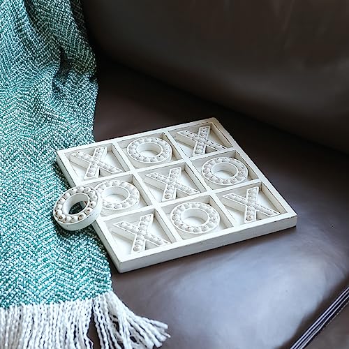 Nikky Home Tic Tac Toe Wood Board Game For Kids Family, 10.6 Inch Rustic Wooden Coffee Table Decor, White #TOP2