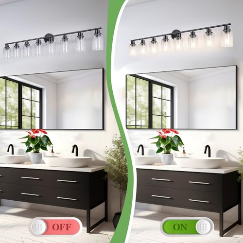 Image of 8-Light Black Vanity Lights, Modern Bathroom Light Fixtures with Clear Glass Shade, Wall Lamps for Mirror Kitchen Hallway Cabinet Living Room Sconces Lights - E26