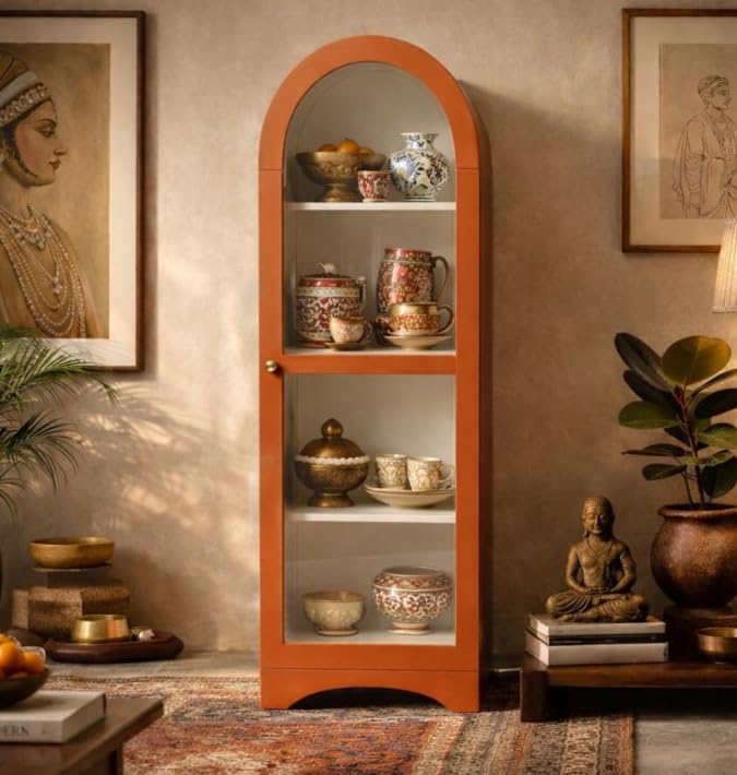 Arched Display Cabinet | Glass Door Cabinet | Wooden Book & Display Cabinet | Wooden Storage Cabinet | Finish: Vibrant Burnt Orange-image-5