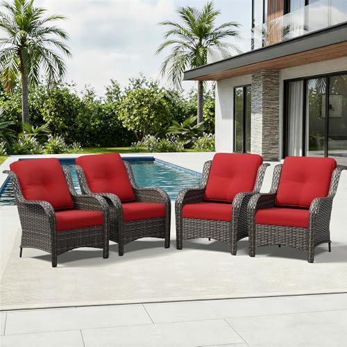 Image of Joyside 4 Piece Wicker Patio Furniture Set, Rattan Patio Chairs with High Back, Deep Seating, Wide Armrest, Thickened Cushions, Outdoor Furniture for Deck, Porch Use