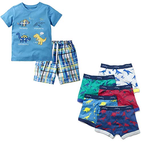 Gorboig Toddler Boy Clothes 3T Summer Outfits Short Sleeve Clothing Set T-Shirt&Shorts 2 Packs Dinosaur Underwear 5 Packs