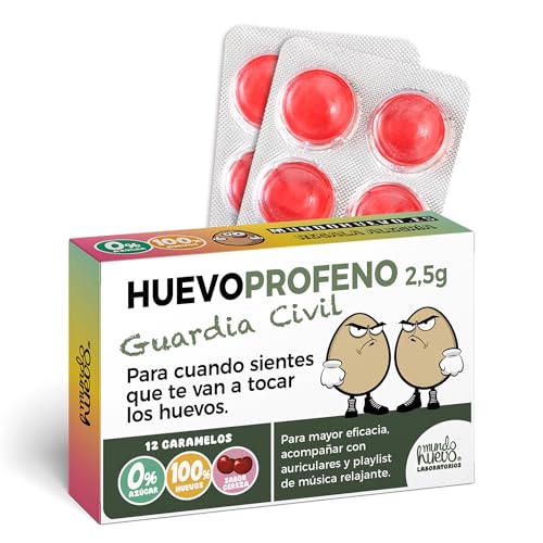 Caramelos de broma HUEVOPROFENO Guardia Civil | Caja con 12 caramelos sin azúcar sabor cereza | Regalo con respeto y humor para guardias civiles con aguante nivel patrulla