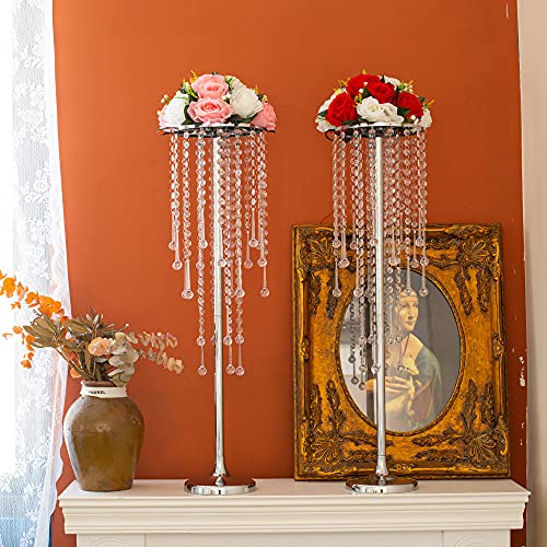 29.5 Inches Tall Silver Vases Wedding Centerpieces, Elegant Metal Flower Candle Holder With Chandelier Crystal, Used For Wedding Party Event,Birthday,Reception,New Year Home Decorations #TOP3