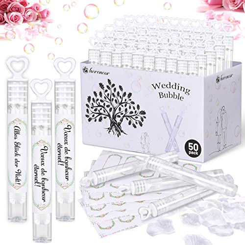 Herenear Bulles de Savon Mariage, 50 Pièces Bulle Mariage Flacons avec Poignée, Flacons à Bulles de Savon, Flacons de Bulles de Mariage avec Étiquette pour Mariage Décoration de Table