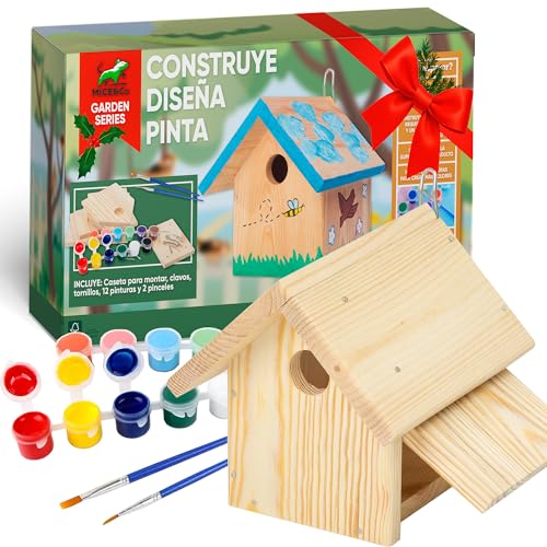 Mice&Co Caseta para Pájaros DIY - Casa para Pájaros de Madera para Pintar, Kit Montaje con Pinturas, Casa Aves Pintar Exterior | Casita Bricolaje Manualidades para Jardín, Refugio para Aves Ecológico