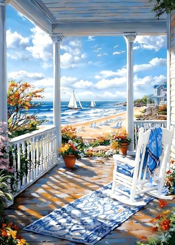 Yunnuo Beach Diamond Art Kits for Adults,DIY 5D Full Drill Diamond Painting Kits for Beginners,Beautiful Landscape Gem Art Kit with Tools for Home Wall Decor Gifts 12x16inch(Seaside House)