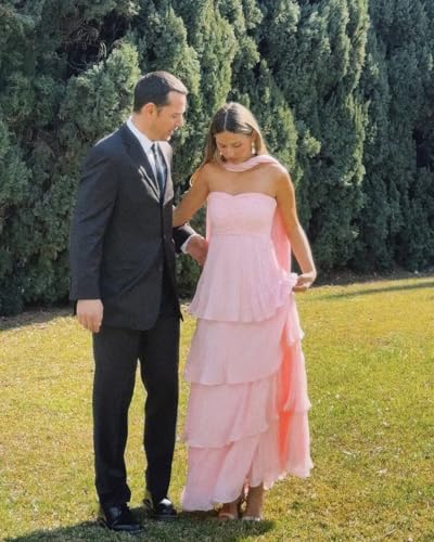 Strapless Bridesmaid Dress with Scarf Long Chiffon Ruched Tiered Maxi Dress Formal for Women NA1913