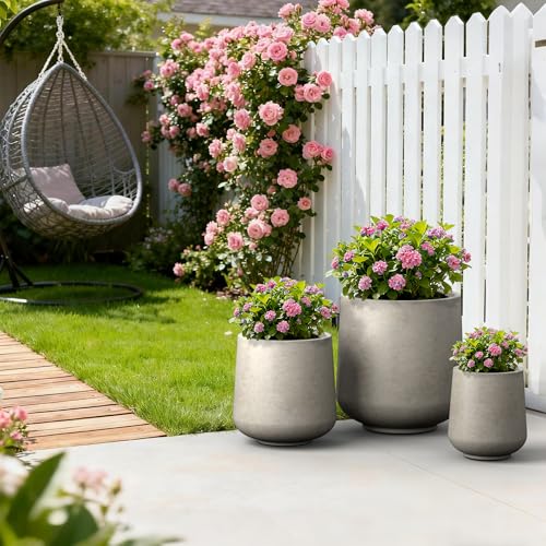 Image of Kante Set of 3 Weathered Concrete Curved Round Planters for Modern Home | Handcrafted, Premium, Durable, All-Weather Cement Pot, Drainage for Outdoor, Rubber Plug for Indoor Home, Anti-Frost & UV