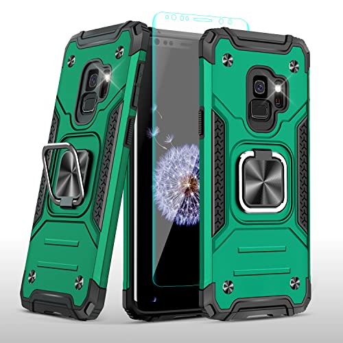 YmhxcY For Samsung Galaxy S9 Case with 3D Curved Screen Protector Armor Grade Cases with Rotating Holder Kickstand Non-Slip Hybrid Case For Samsung Galaxy S9 5.8 KK Dark Green