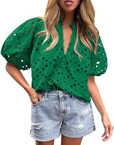 BETTE BOUTIK Women's Long Short Sleeve Tops 2025 Dressy Casual Button Hollow Out Lace Embroidered Blouses Shirts