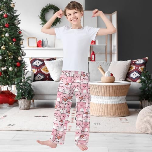 Boy's Pants Cute Pink Pig with Heart Various Poses Jogger Pants Elastic Long Bottoms Trousers with Pockets 6-142