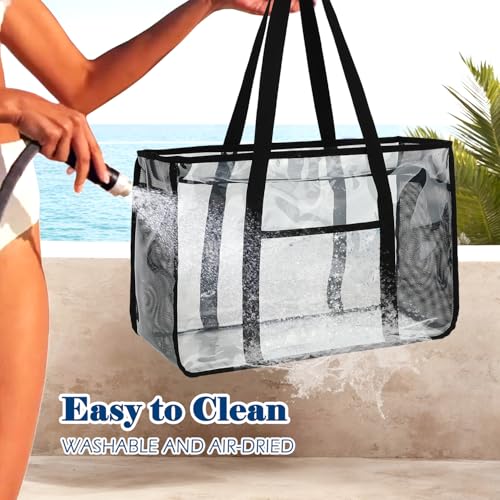 Image of Fammart Clear Beach Bag for Women, Large Pool Tote Cruise Vacation Essentials - Zipper Closure, Waterproof, Sandproof