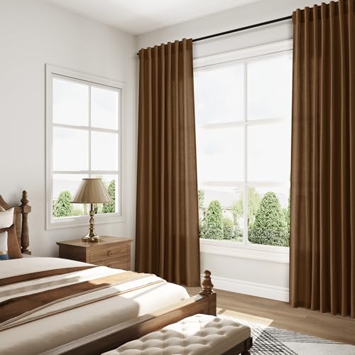 Image of Tobacco Brown Linen Curtains 90 Inch Long for Bedroom Living Room Linen Textured Window Drapes Semi Sheer Light Filtering Rod Pocket Back Tab Cotton Textured Farmhouse Curtain 52x90,2 Panels