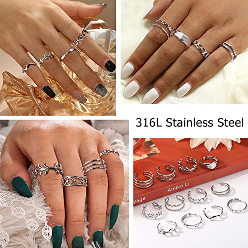 Subiceto 12Pcs Stainless Steel Rings For Women Silver Aesthetic Jewelry Rings Adjustable Open Stackable Rings Trendy Knuckle Thumb Finger Rings Size 6-9 Indie Rings Star #TOP2