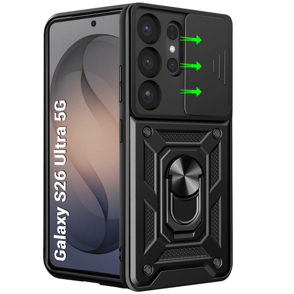TheGiftKart for Samsung S26 Ultra Case, Armor Bumper Case, Sliding Camera Cover, Kickstand & Ring Holder, 360 Degree Protection Galaxy S26 Ultra Back Cover (PC & TPU, Black)