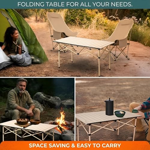Image of Kraptick Portable Metal Folding Camping Table with Roll-Up Tabletop Lightweight Outdoor Long Table with Carry Bag Compact & Durable Folding Table for Camping, Picnic, Beach & Travel Use (Beige)