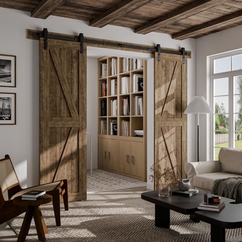 Image of CCJH 9FT Sliding Barn Door Hardware Kit, Heavy Duty, Smoothly and Quietly, Easy to Install, Fit 27 inch Width Double Door Panel, Basic Style Hangers Black